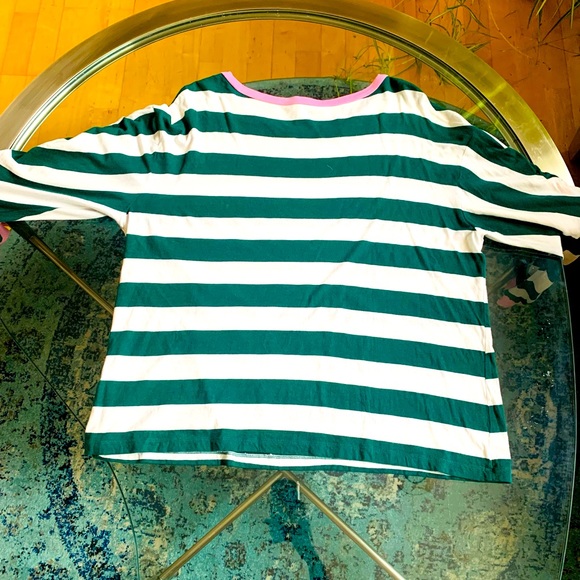 ✨BP. ✨ Green & White Stripe Top W/Pink Crewneck & Accented Gathered Slee… - Picture 2 of 4